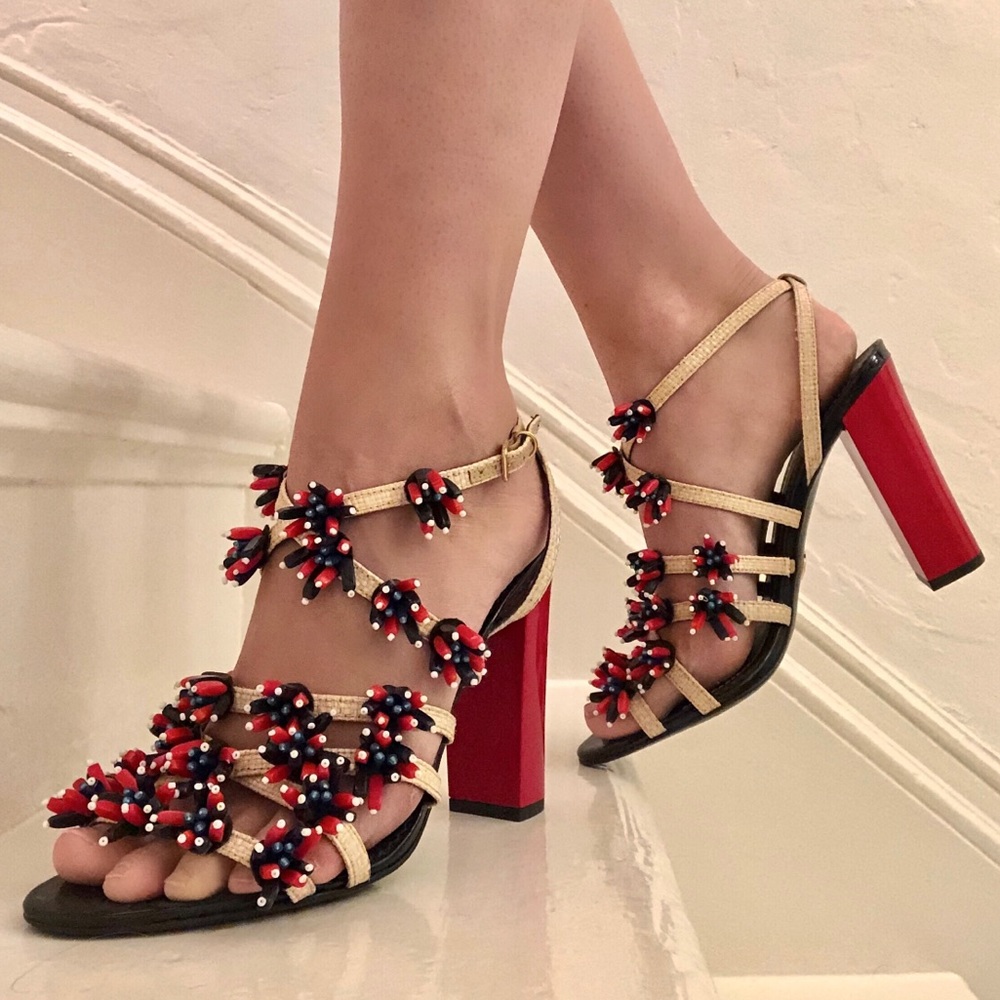 NWOT Tory Burch red, white and blue block heels